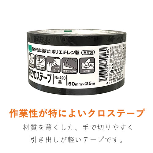 手でぱっと切れる！軽くて作業性のよいクロステープ（布テープ）