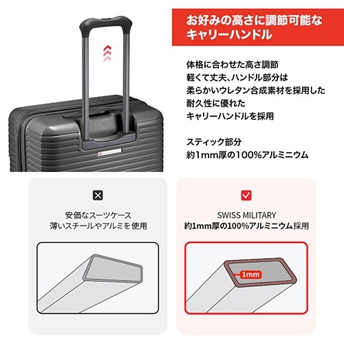 SWISS　MILITARY　MOTIVAN(モティバン)　スーツケース　99/113L　カーボングレー　1台 持ち手が上部に付いたカーボングレーのスーツケースが正面から見える状態