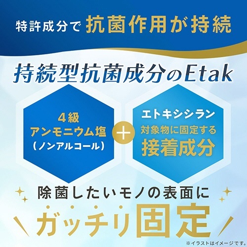 イータック抗菌化スプレーα　ノンアルコールタイプ　本体　250mL　1本 円筒形のボトルが正面を向き、ラベルには鮮やかなデザインが施されている状況