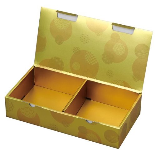 ギフト箱 19-1372 こんじき 大 ヤマニパッケージ 金色の大きなギフトボックスが正面に見える状態、リボンが美しく結ばれている。