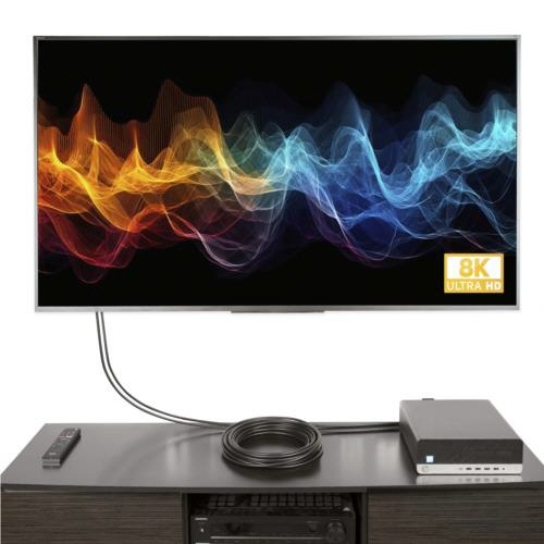 DisplayPort　1.4ケーブル　15m　4K/120Hz　オス-オス　ブラック　1本 ケーブルが伸びた状態で、コネクタ部分が鮮明に見える様子
