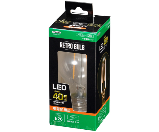 フィラメントLED　40形　E26 明るい光を発するクリアな電球が正面を向いている状態