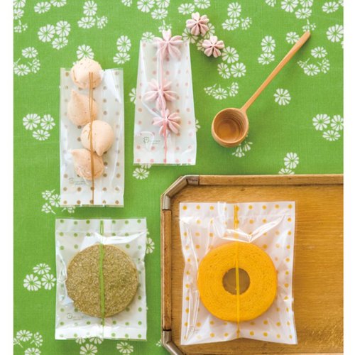 テープ無 OPP袋 和風ドットスイーツパック(茶) クリア-2(100枚) ヘッズ 透明なOPP袋が重ねられ、茶色の和風ドットが施されたデザインが見える状態