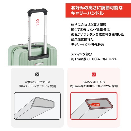 SWISS　MILITARY　AVENTURA(アベンチュラ　55cm)　スーツケース　33L　Sサイズ　シルバー　1台 光沢のあるシルバーのスーツケースが正面から見える状態、ハンドルとロック部分が際立っている。