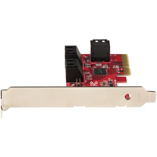SATA　6ポート増設PCI　Expressインターフェースカード　1個 青い基板に金属ブラケットが付いた単体の拡張カードで、金色のエッジコネクタと片側に6つの端子が横一列に並んだ様子