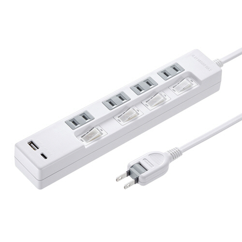 USB充電機能付きﾀｯﾌﾟ Type-C搭載 2P･4個口 ﾎﾜｲﾄ 2m 1個画像