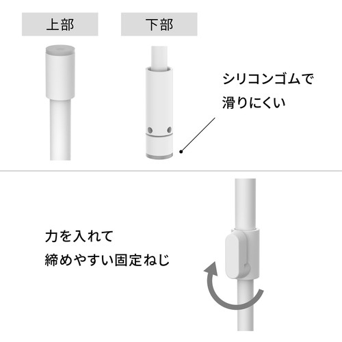 突っ張りラック　キッチンつっぱりパネルラック　マットホワイト　SPL-11WH 側面が見える状態で、棚にキッチン用品が並べられている様子