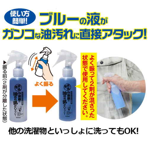 油汚れ　洗剤　作業着の油汚れ落としスプレー スプレー缶が斜め上から捉えられ、ラベルに特徴的なデザインがはっきりと見える状態