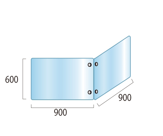アクリルパーテーション　二面　600×900×900mm 透明なアクリル素材で構成され、二面で立てられたパーテーションが正面から確認できる状態